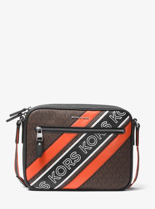 Panske Crossbody Kabelka Michael Kors Hudson Logo Embossed Stripe Camera Hnede / Oranžové - Tasky Michael Kors Lacne | UNAPM-5243